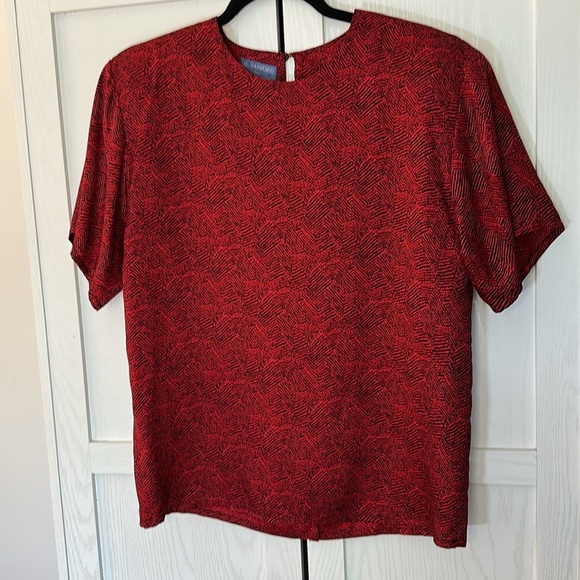 Vintage 80's 100% Silk J.L. Sanford for Narragansett Red & Black Blouse & Skirt - Picture 3 of 14